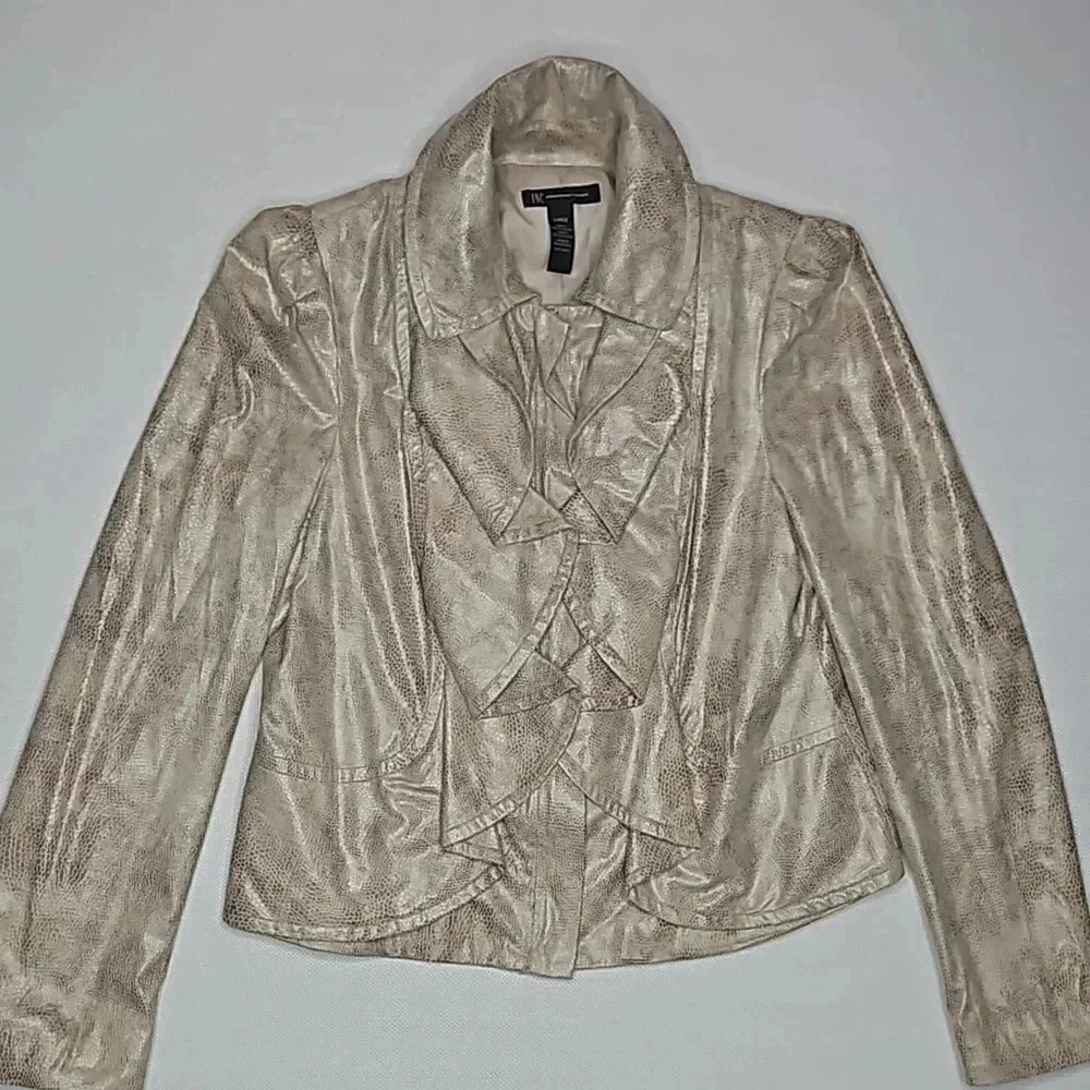 INC International Concepts Faux Snakeskin Beige Ruffle Puff Sleeve Jacket